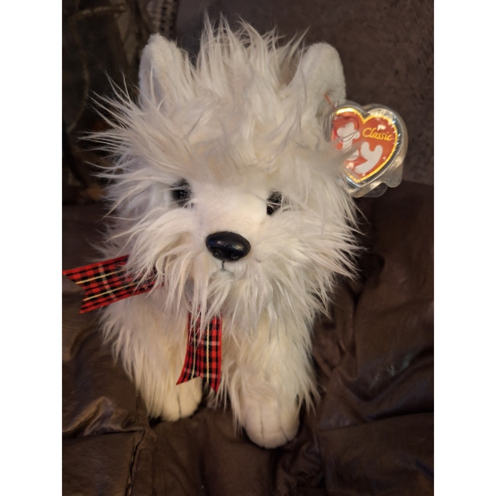 Ty Classic Fluffy White Dog Plush Named‎ MacDougal from 2001/ 12 INCHES